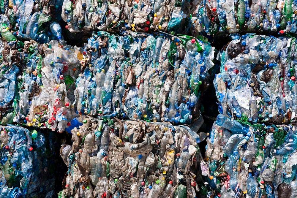 Plastic bottles,compressed into bales and ready for recycling